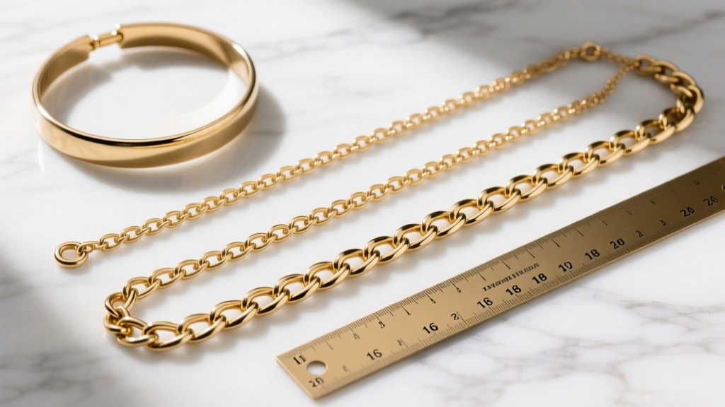 Flat lay of a 16-inch choker, 18-inch princess, and 24-inch matinee chain on white marble, with a brass ruler showing measurements