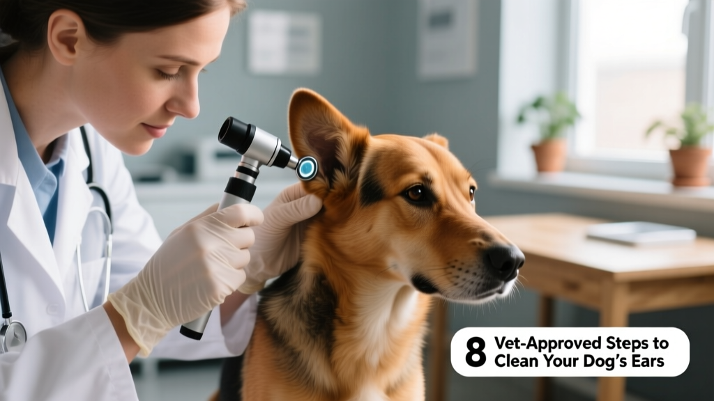 Close-up of a veterinarian gently examining a dog's ear with an otoscope