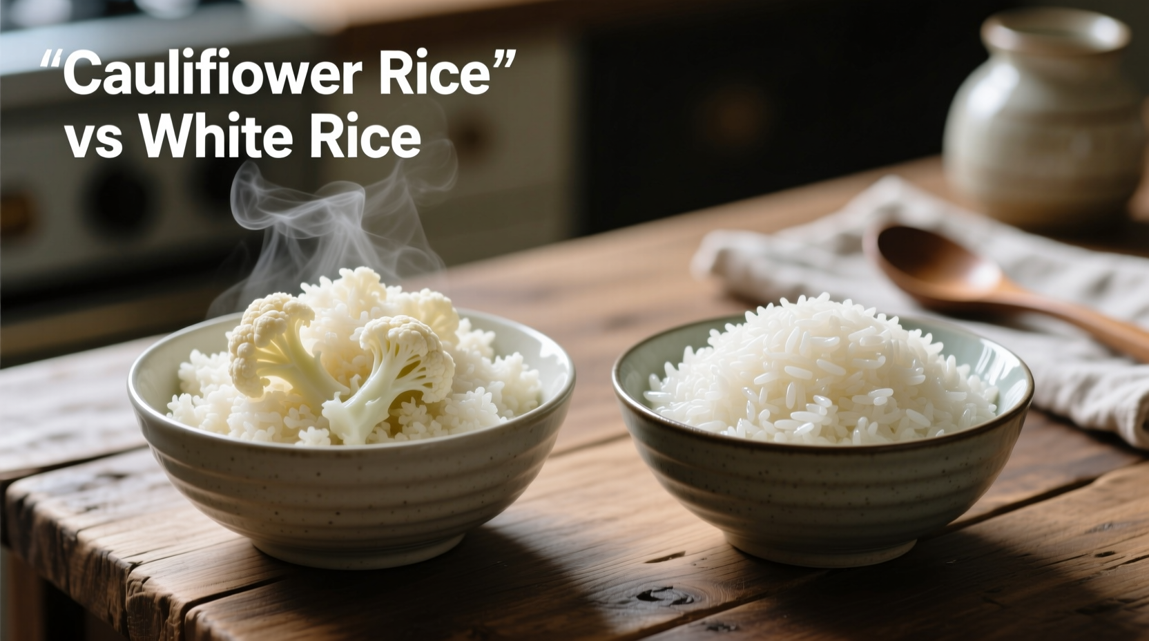 Cauliflower rice and white rice side-by-side comparison