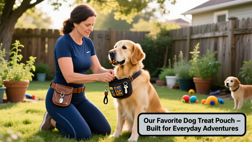 Dog trainer wearing a treat pouch clipped to her waistband while kneeling beside her dog