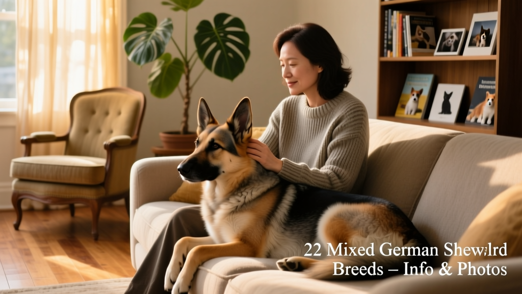 A calm German Shepherd mix resting beside its owner on a cozy living room sofa