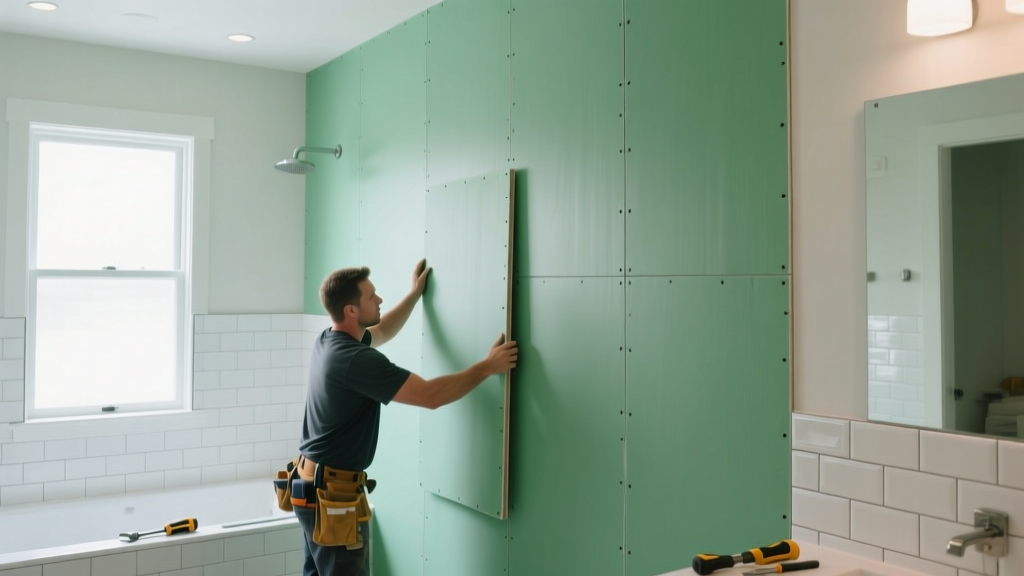 Contractor installing green-faced mold resistant gypsum board panels in a brightly lit modern bathroom shower surround