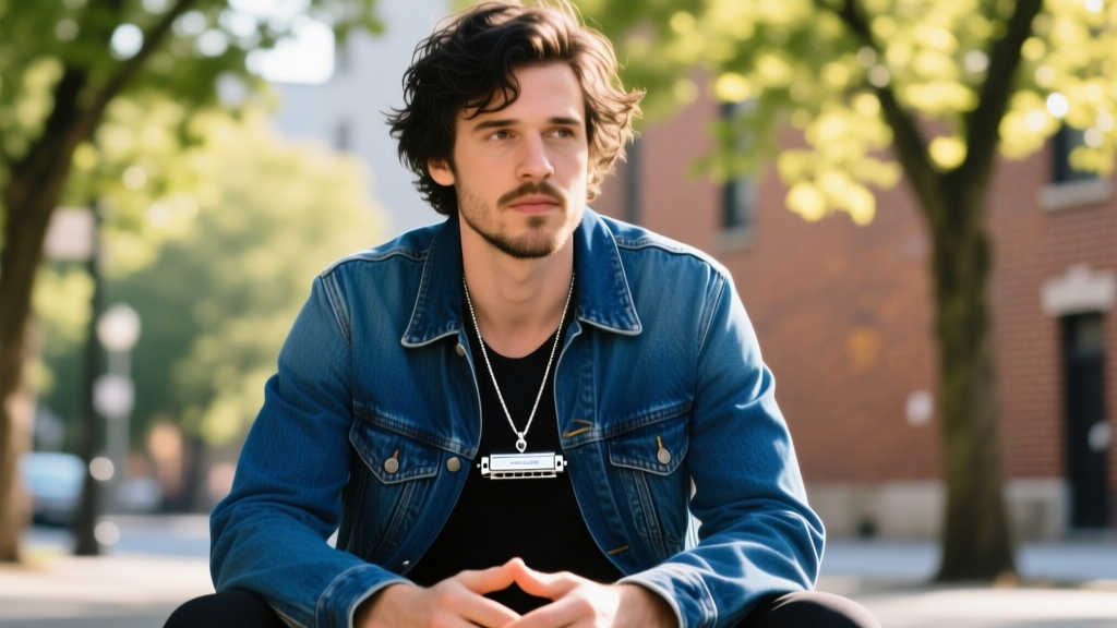 Musician wearing a silver harmonica pendant necklace over a denim jacket, captured in bright natural sunlight with shallow depth.