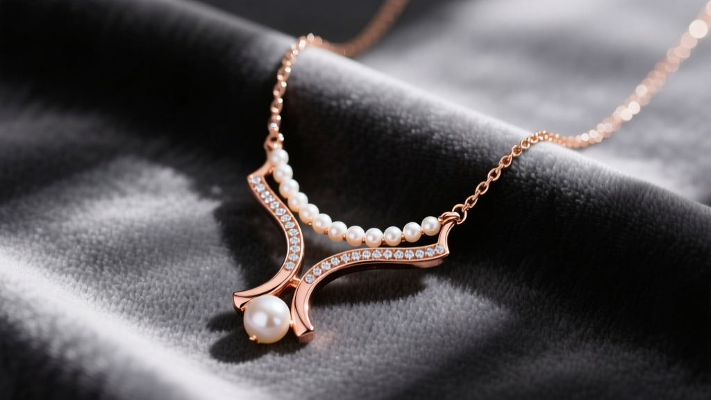 Top-down view of a rose gold wishbone pendant layered with a pearl choker and diamond chain on dark grey velvet fabric.