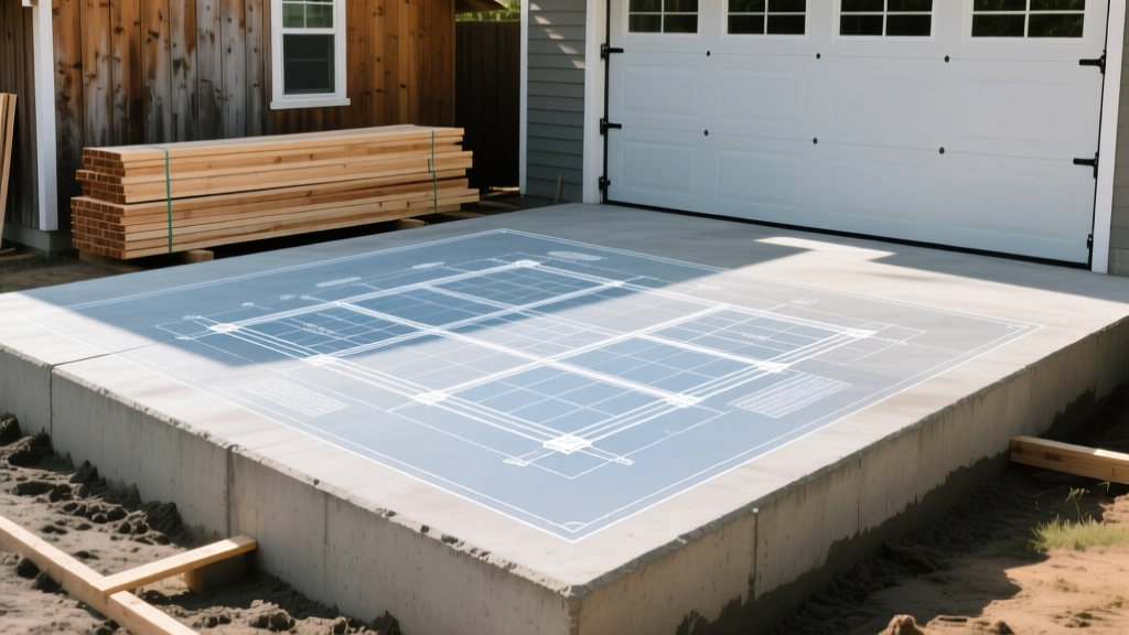 Architectural blueprint overlay on a freshly poured concrete monolithic slab foundation for a 24x24 detached garage, with stacked lumber in the background
