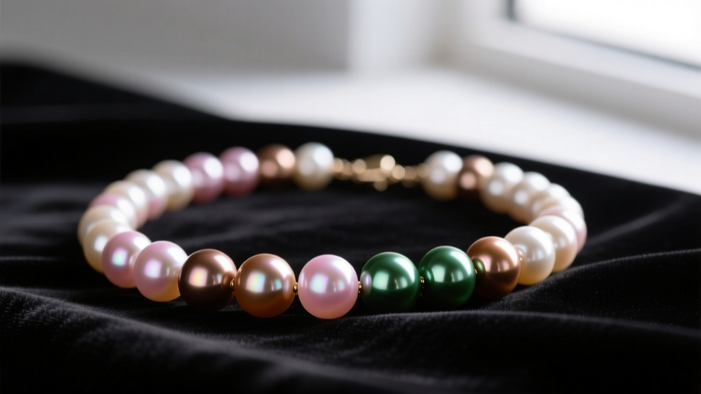 Close-up of a multi color pearl necklace with iridescent Edison pearls in metallic pink, bronze, and green resting on dark velvet