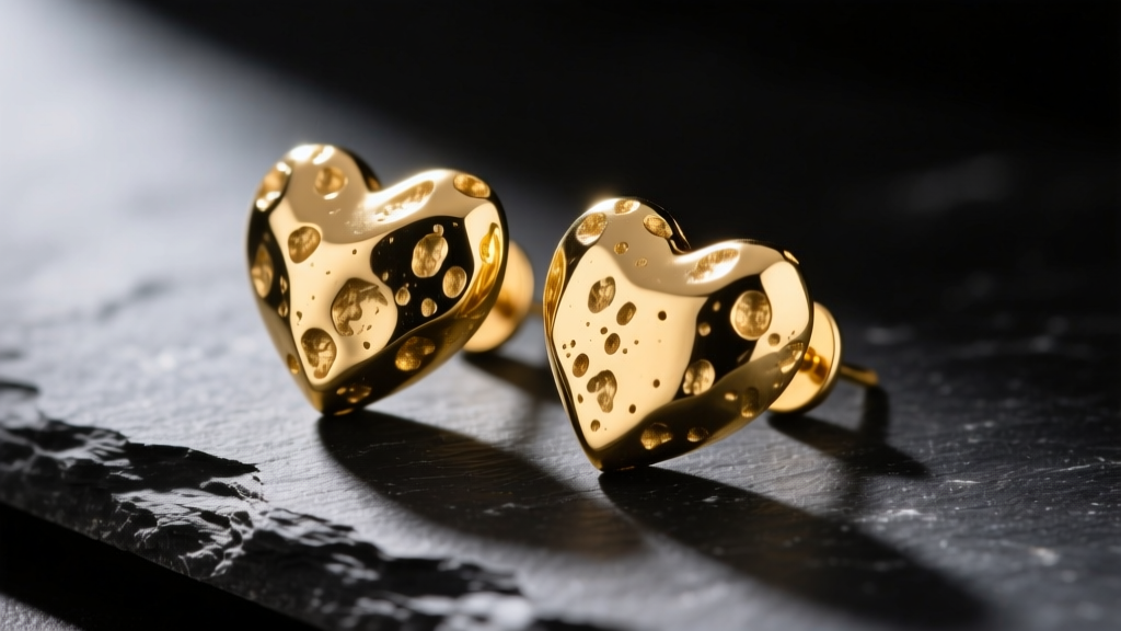 Close-up of 14k yellow gold heart nugget earrings on dark slate, highlighting the rough, pitted metallic texture and raw finish.