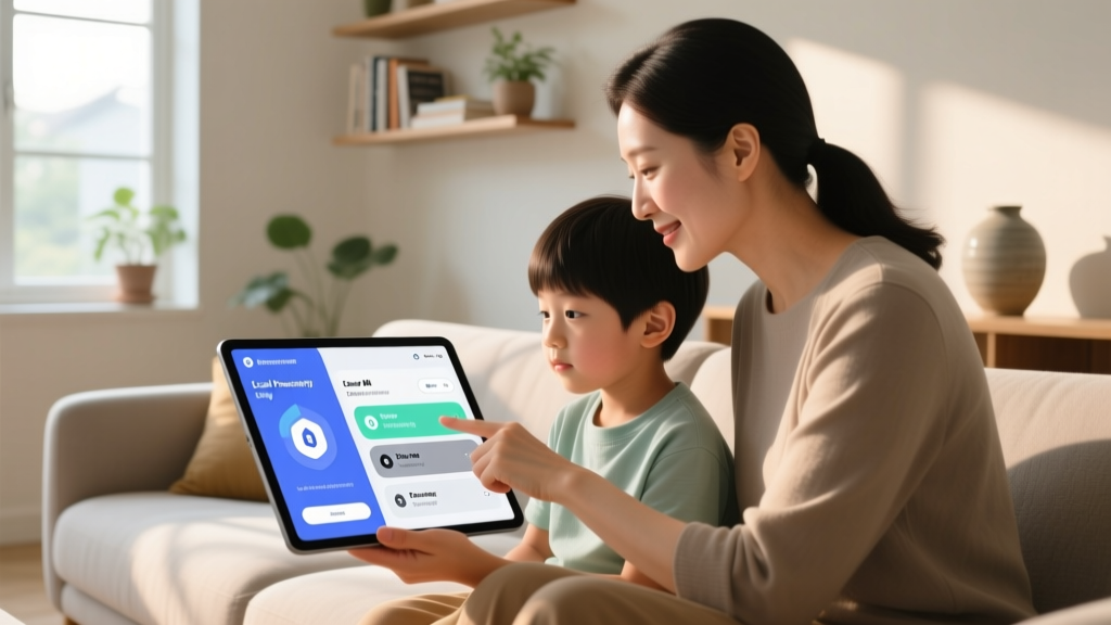 Parent and child reviewing a digital privacy dashboard on a tablet, configuring local-data processing settings for their home AI learning assistant.