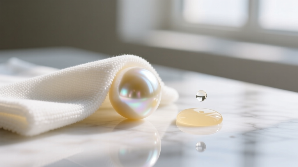 Close-up of a microfiber cloth gently wiping a cream pearl, with distilled water and mild castile soap in the blurred background
