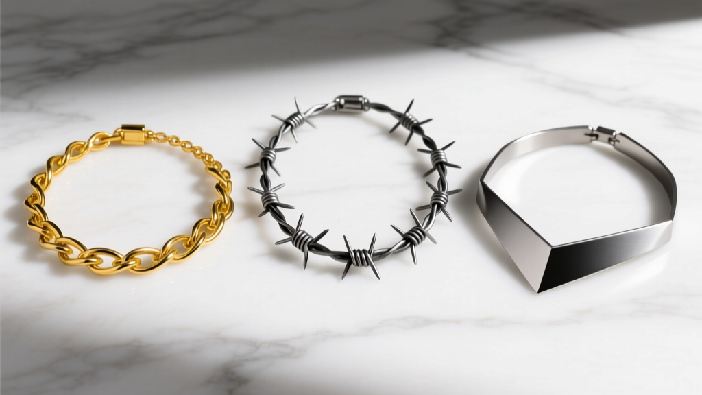 Three distinct barb wire necklaces laid flat on white marble: one yellow gold vermeil, one oxidized silver, one matte steel.