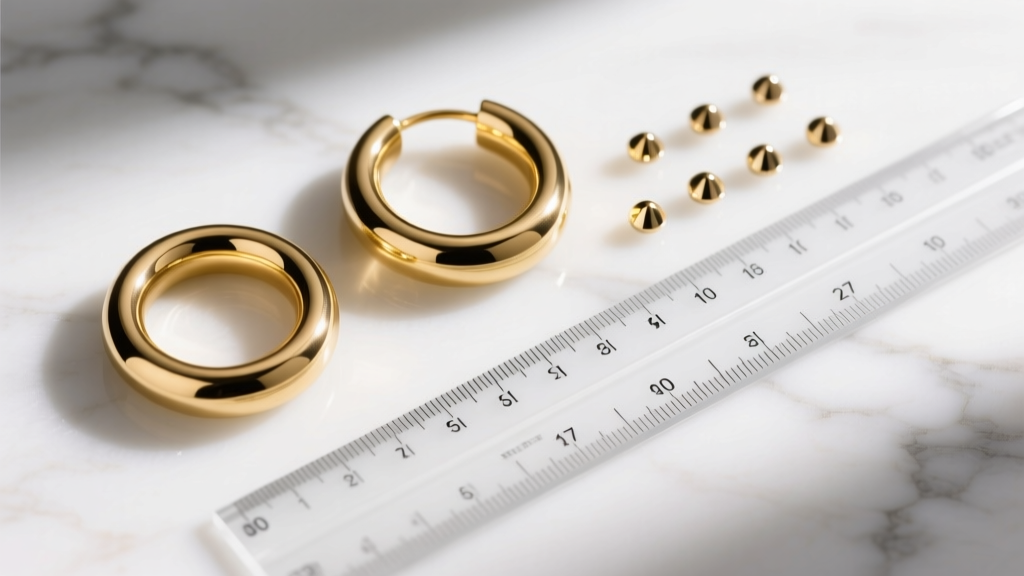 Gold hoops and studs beside a clear millimeter ruler on white marble, top-down view, soft natural light, sharp focus on metal.