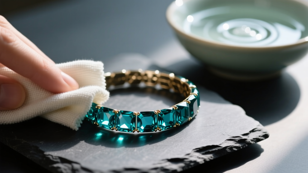 Microfiber cloth wiping a mystic topaz bracelet on dark slate, with a bowl of mild soapy water in the softly blurred background.