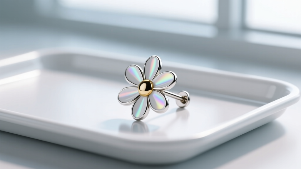 Macro photography of an 18-gauge implant-grade titanium daisy earrings stud with white hard fire enamel petals on a sterile tray.