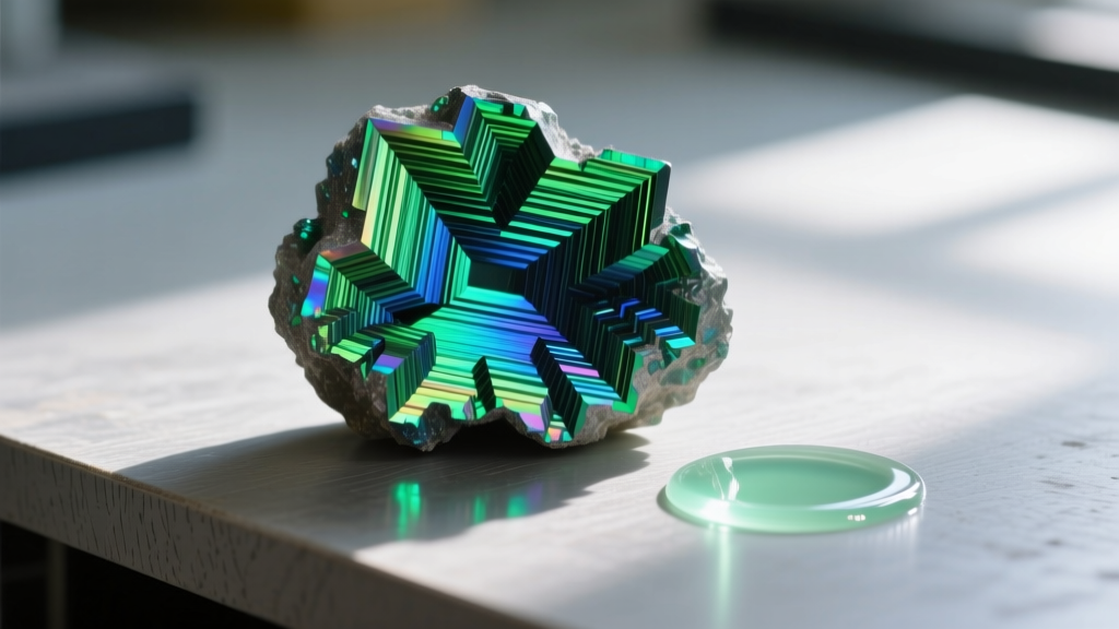 Macro shot of an unsealed bismuth crystal showing vibrant green and blue oxide layers, resting on a workbench near UV resin.