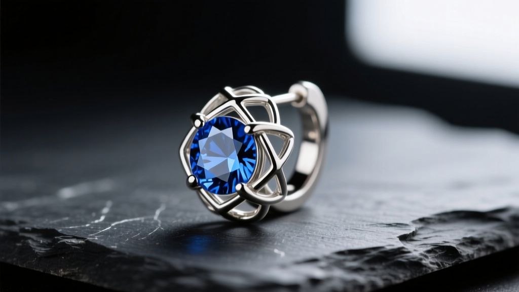 Macro shot of an 18-gauge titanium peep earring showing a sapphire gemstone peeping through a geometric wire cage on dark slate