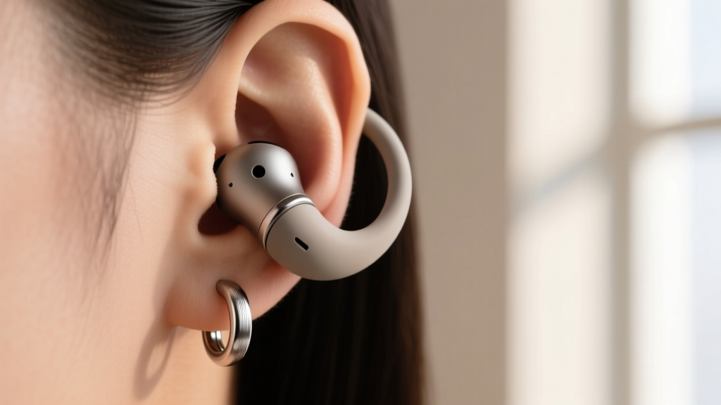 Side profile of a 2mm low-profile titanium huggie earring sitting flush on cartilage next to an in-ear wireless earbud device