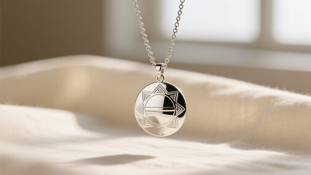 Minimalist silver concho pendant on a delicate 2mm rolo chain, photographed against a softly blurred cream linen backdrop