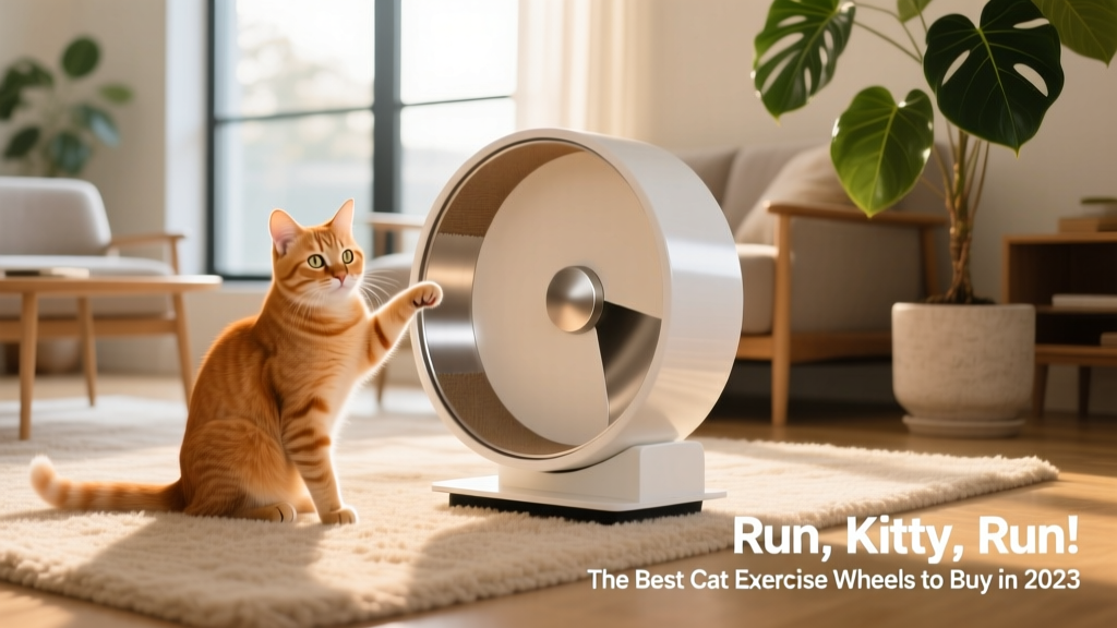 A curious cat sitting beside a sleek, modern cat exercise wheel in a sunlit living room