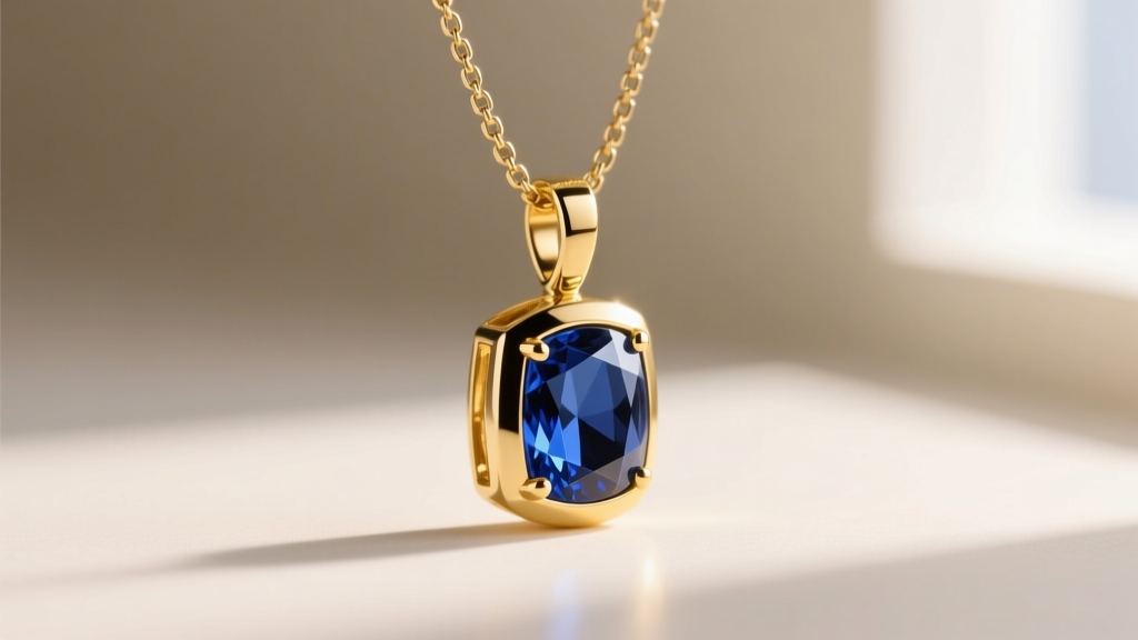 Side profile of a 14k yellow gold pendant setting with a 1.2mm box chain, highlighting the shallow pavilion depth of the sapphire.