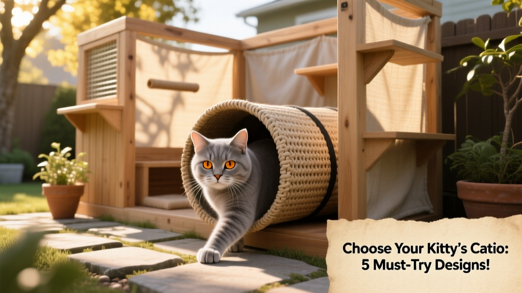 Cat curiously exploring a fabric tunnel inside a compact outdoor catio setup