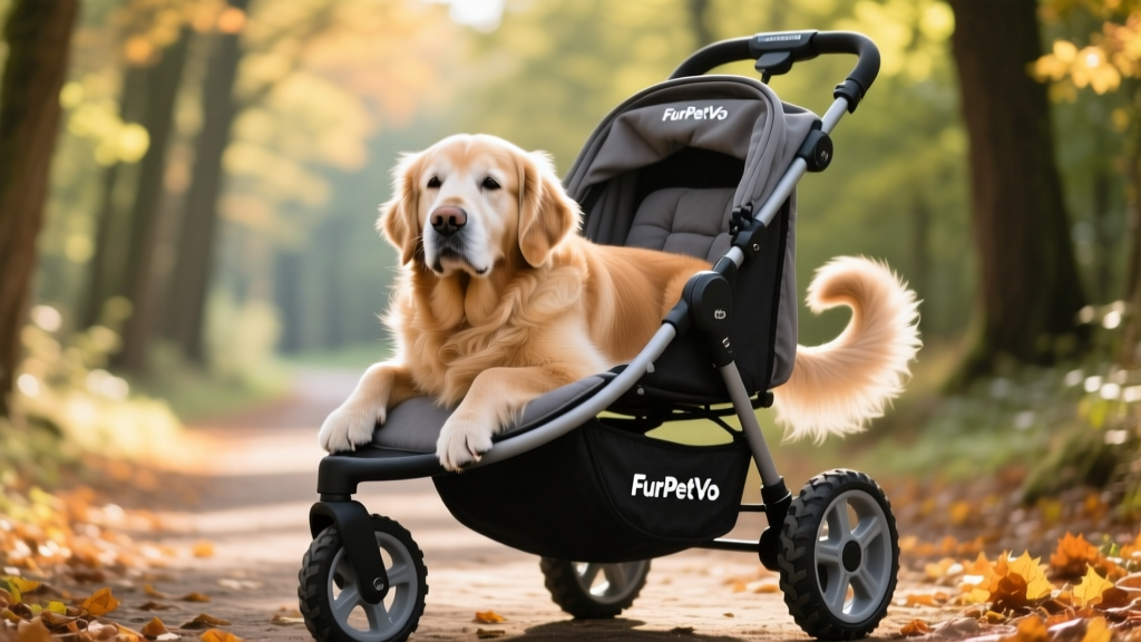 A senior dog resting peacefully in a FurPetVo all-terrain stroller on a tree-lined path