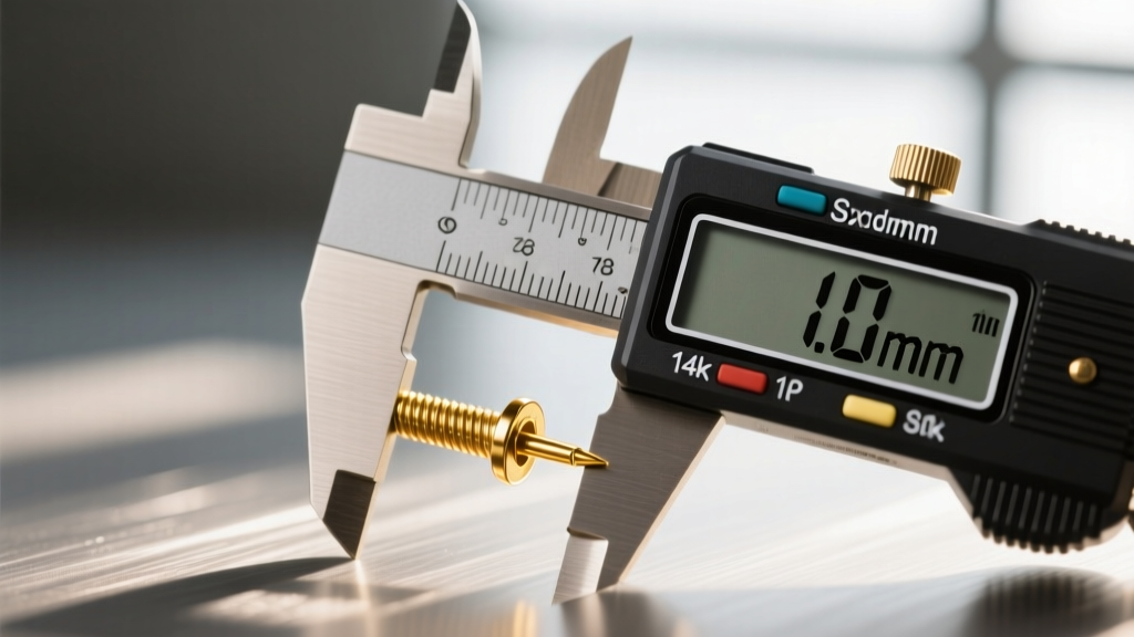 A digital caliper measuring the exact 1.0mm thickness of an 18-gauge solid 14k gold nostril screw against a blurred background