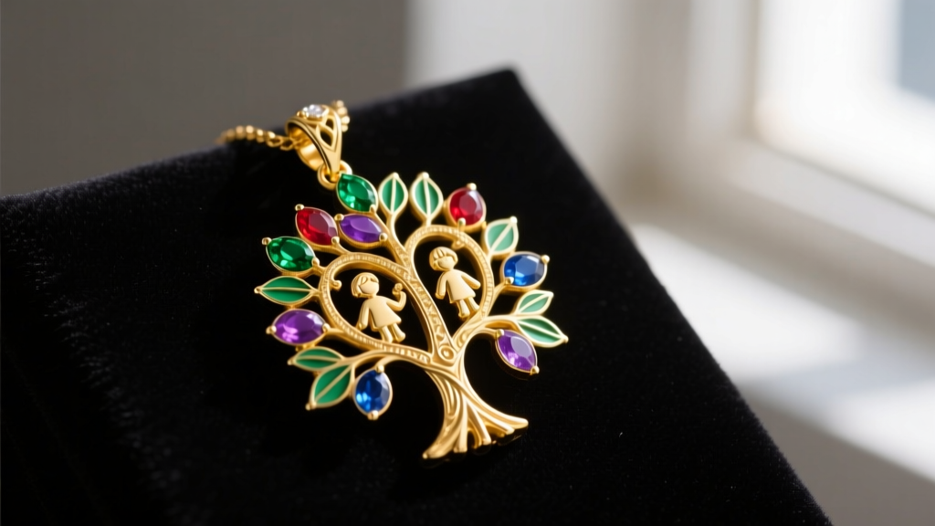 A 14k yellow gold family tree pendant on dark velvet, featuring tiny vibrant enamel leaves representing various birthstone colors.