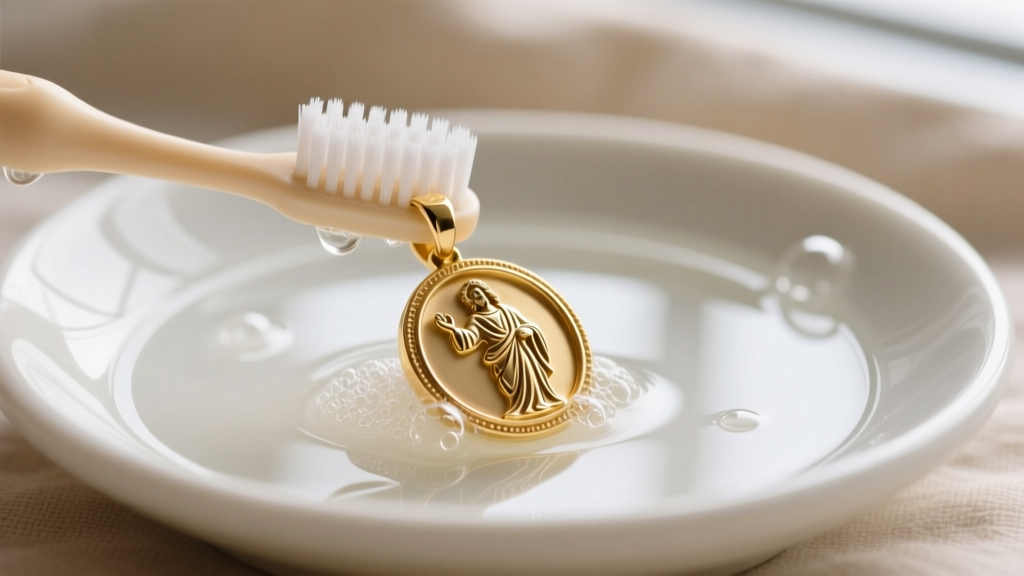 Soft-bristled baby toothbrush gently scrubbing crevices of a gold vermeil Saint Sebastian pendant submerged in mild soapy water.