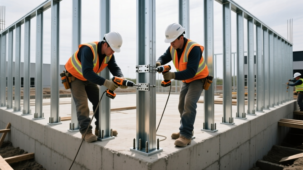 Crew installing 12-gauge load-bearing light gauge steel studs on a commercial foundation with structural hold-downs visible.