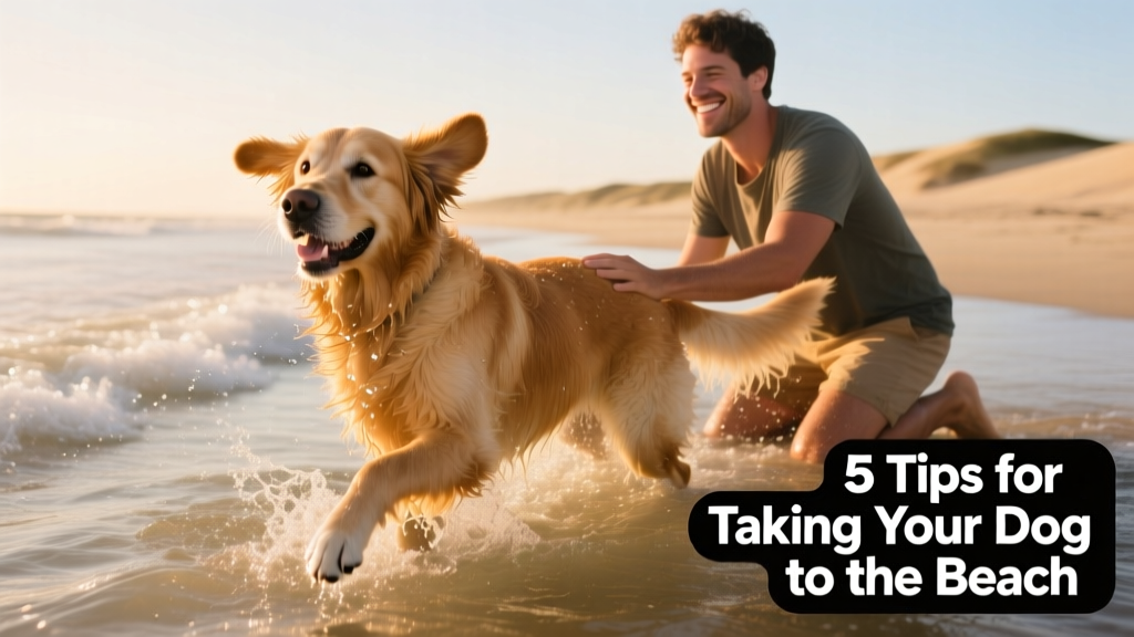 Happy dog splashing gently in shallow, calm ocean water with owner nearby