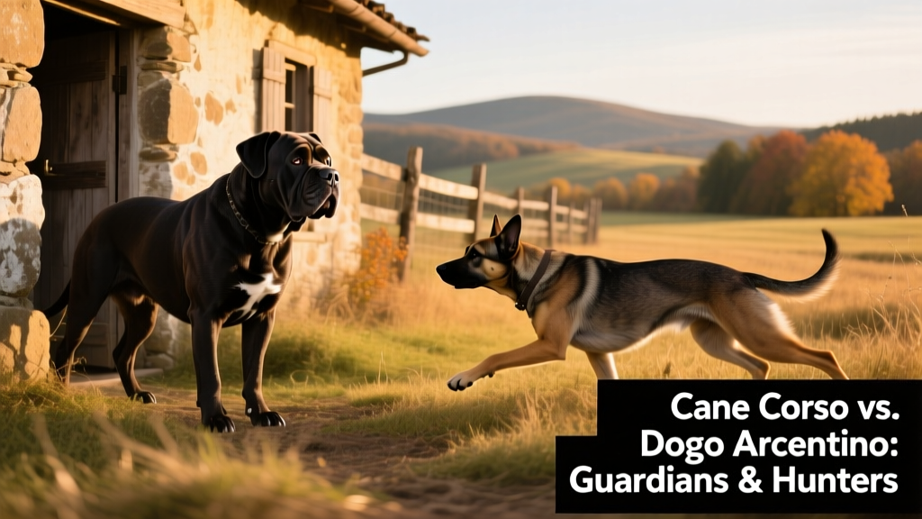 Historical illustration showing a Cane Corso guarding a farmhouse and a Dogo Argentino tracking game in open terrain