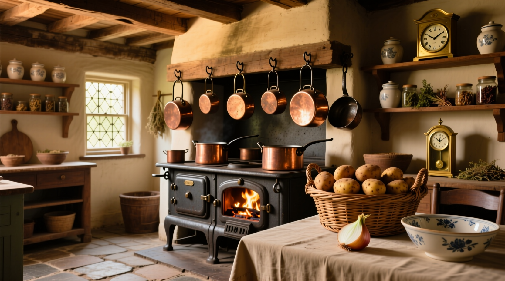 Vintage 19th century kitchen with copper pots and potatoes