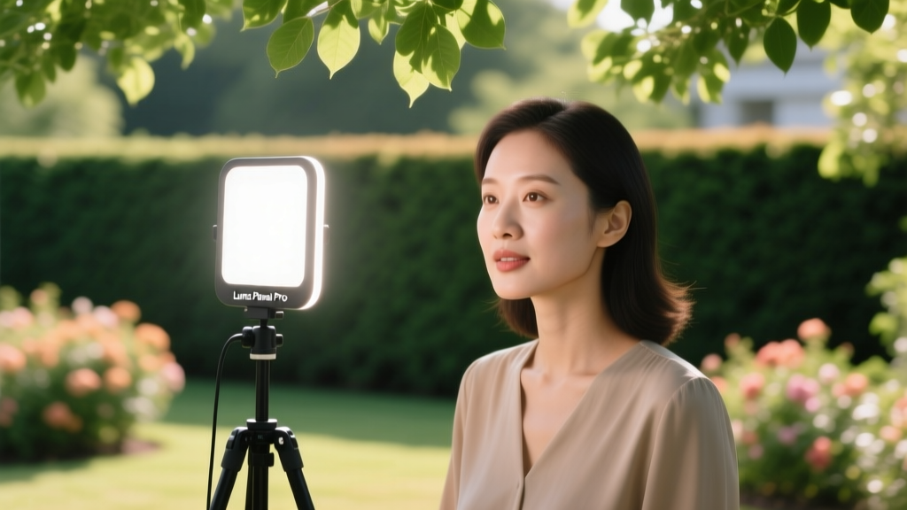 Lume Cube Panel Pro LED light mounted on a tripod illuminating a woman face during an outdoor video conference in a shaded garden