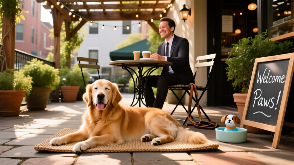 A relaxed dog lounging on a shaded, pet-friendly patio at a Charlotte restaurant while their owner enjoys a meal