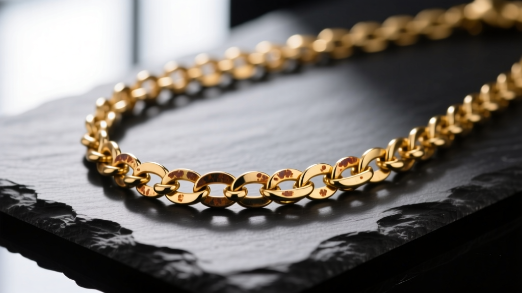 Macro photo of a 14k gold chain necklace showing distinct bronze discoloration on the links, resting on a dark slate surface
