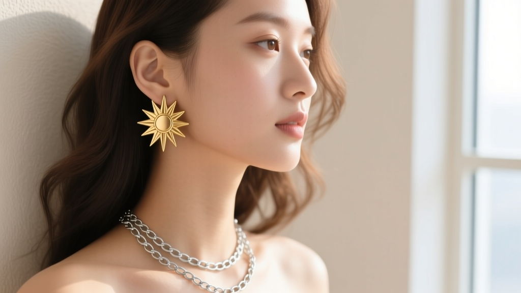 Side profile of a model wearing a subtle 20mm Tanjiro sunburst earring paired with a layered silver chain necklace in daylight