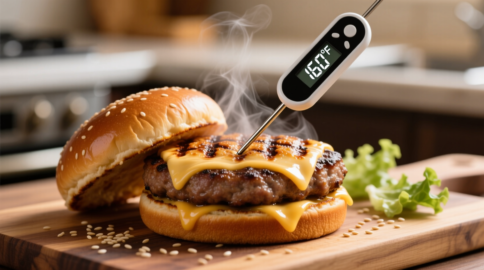 Perfectly cooked air fryer hamburger with thermometer
