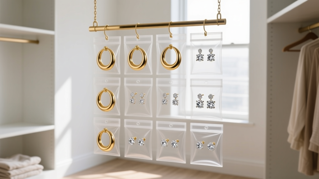 Elegant hanging earring organizer in a bright closet, displaying gold hoops and diamond studs inside clear PVC pockets.