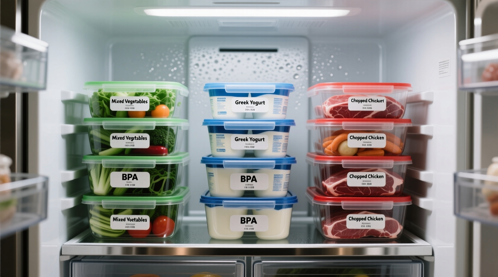 Properly organized refrigerator with labeled food containers