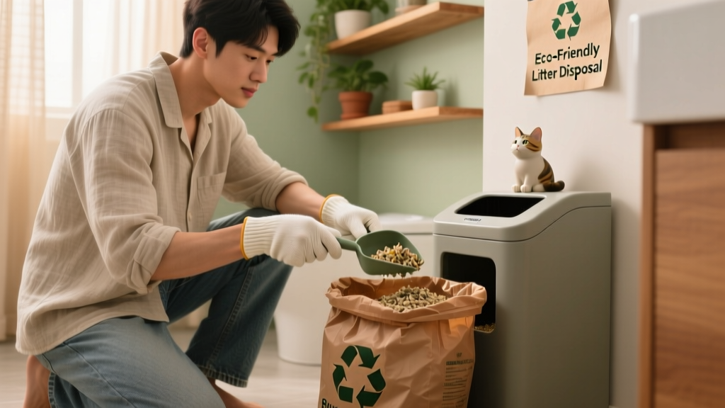 Person scooping cat litter into a biodegradable waste bag with gloves on