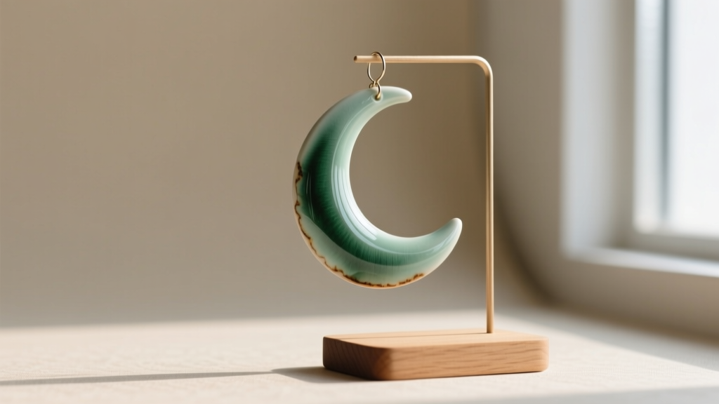 Side profile of a kiln-fired porcelain crescent earring with glossy celadon glaze hanging from a minimalist wooden jewelry stand