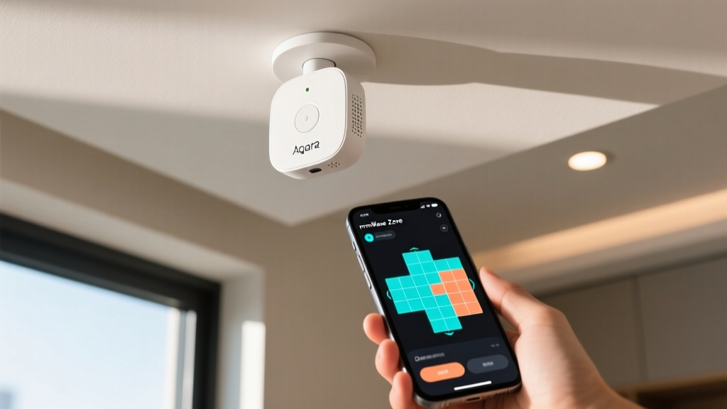 Hand holding the Aqara FP2 presence sensor on a ceiling, with a smartphone showing the mmWave zone mapping interface.
