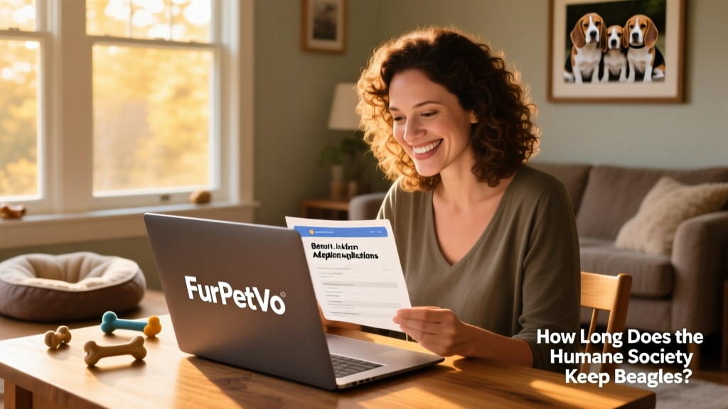 A person smiling while reviewing Beagle adoption applications on a laptop screen labeled 'FurPetVo'