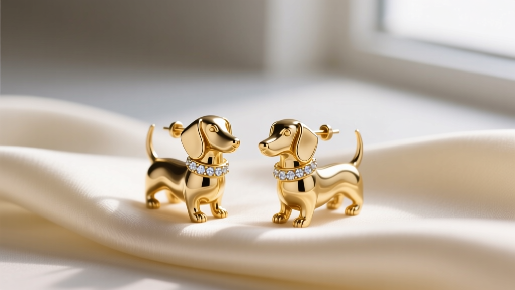 Macro shot of 14k solid gold weiner dog dangle earrings with pavé diamond collars resting on cream silk fabric in soft light