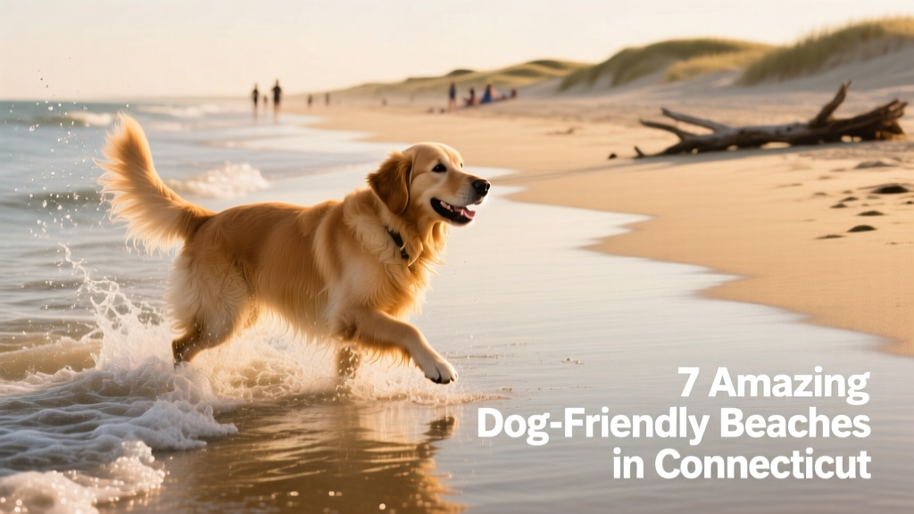 A golden retriever happily splashing in shallow water at a sandy Connecticut beach