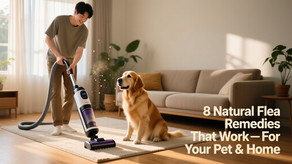 A person vacuuming a living room rug while a dog watches nearby