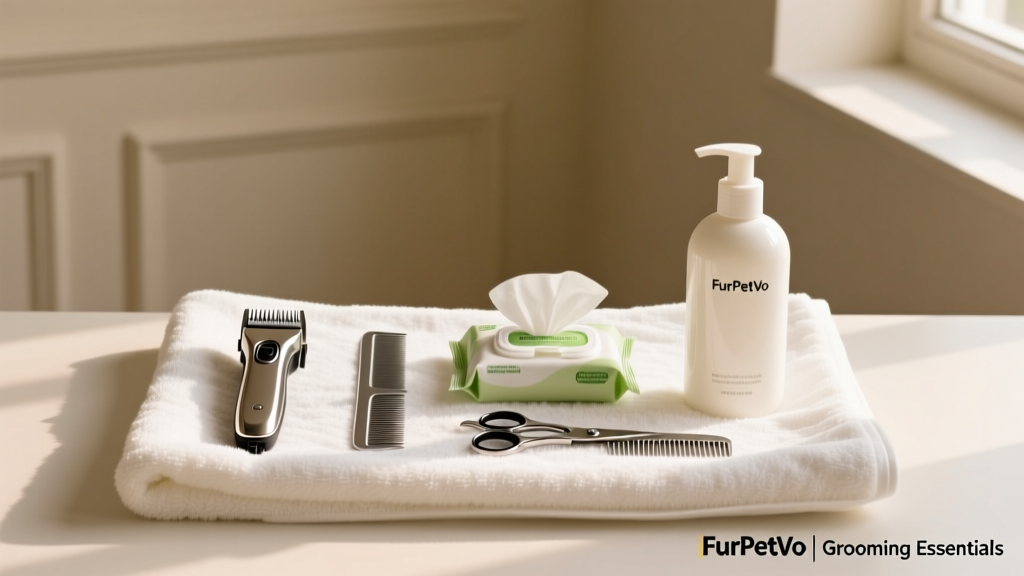 Neatly arranged FurPetVo grooming kit on a clean towel: clippers, comb, wipes, and shampoo bottle