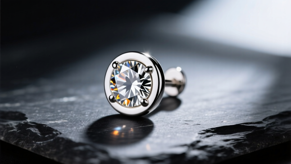 Macro shot of a 1.5 carat round brilliant diamond stud earring in a 14k white gold bezel setting, resting on a dark slate stone