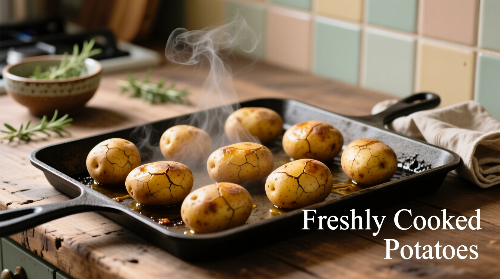 Freshly cooked potatoes cooling on baking sheet