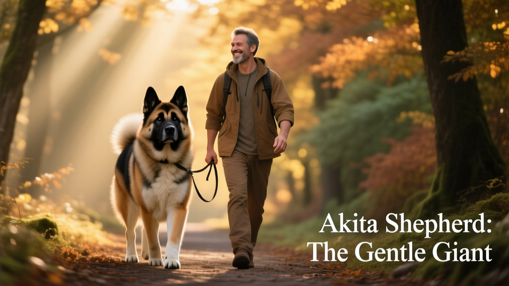 An adult Akita Shepherd walking calmly beside its owner on a tree-lined path